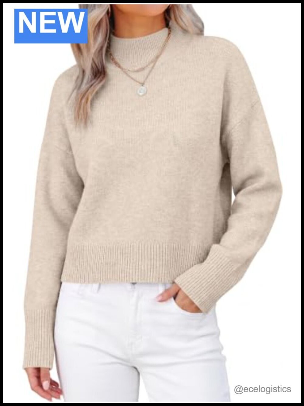 Women's Cropped Mock Neck Long Sleeve Pullover Sweater Ribbed Hem & Cuffs